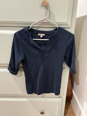 Lilla P Navy Split Neck Knit Top | Soft Stretch Everyday Tee